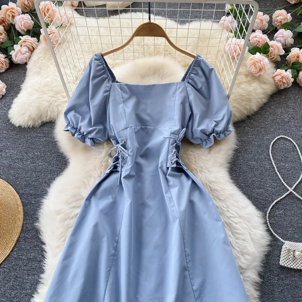 SINGREINY Square Neck Summer Dress Women Short Sleeves Korean Lace up French Sundress Vintage Fashion A-Line Beach Midi Dresses aunt and nephew matching outfits