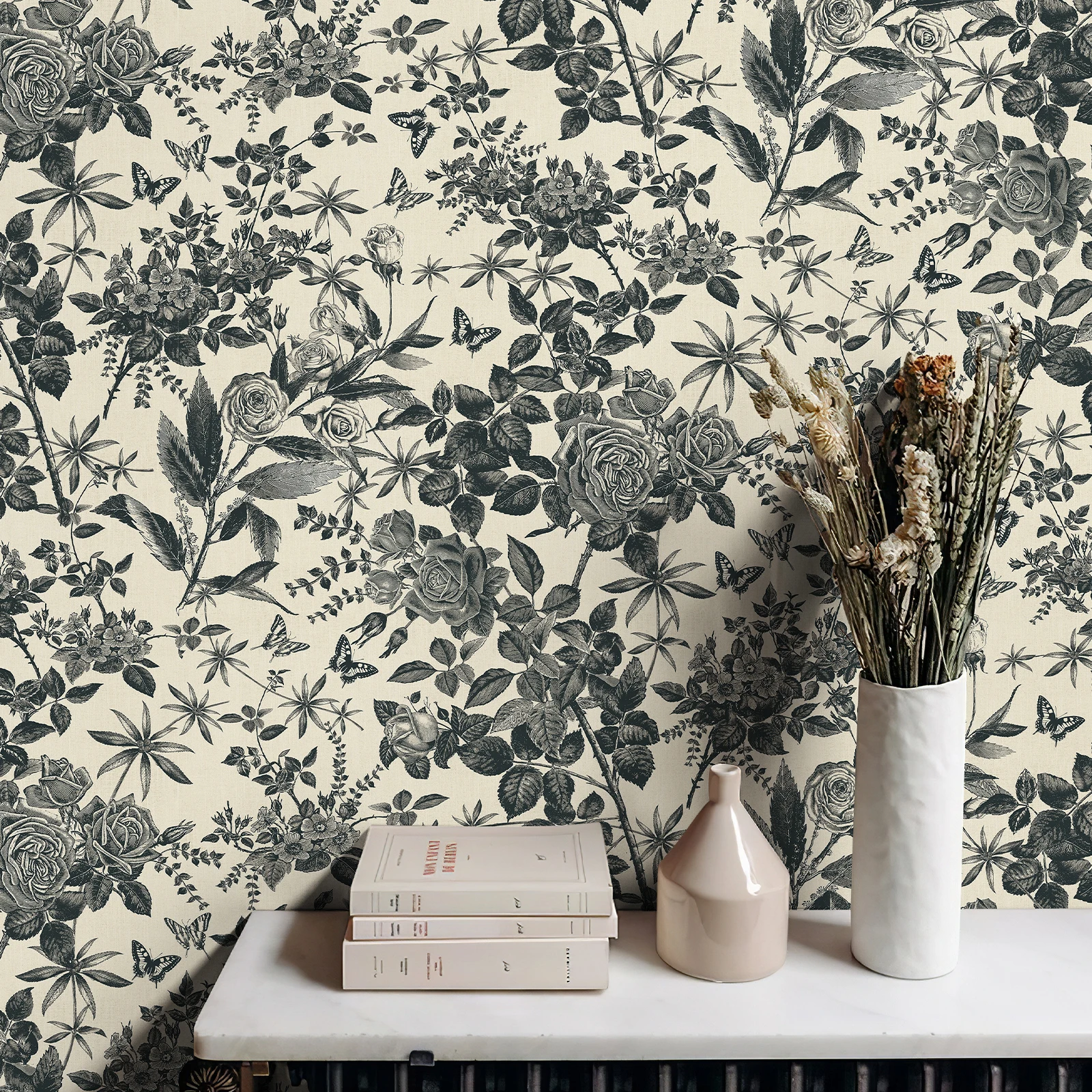 Retro ดอกไม้สีดํา PVC Home Wall ตกแต่ง Vintage Peel และ Stick ดอกไม้วอลล์เปเปอร์ห้องครัวไวนิลตู้สติกเกอร์ 1