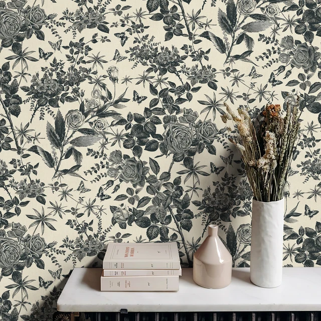 Retro ดอกไม้สีดํา PVC Home Wall ตกแต่ง Vintage Peel และ Stick ดอกไม้วอลล์เปเปอร์ห้องครัวไวนิลตู้สติกเกอร์ 1