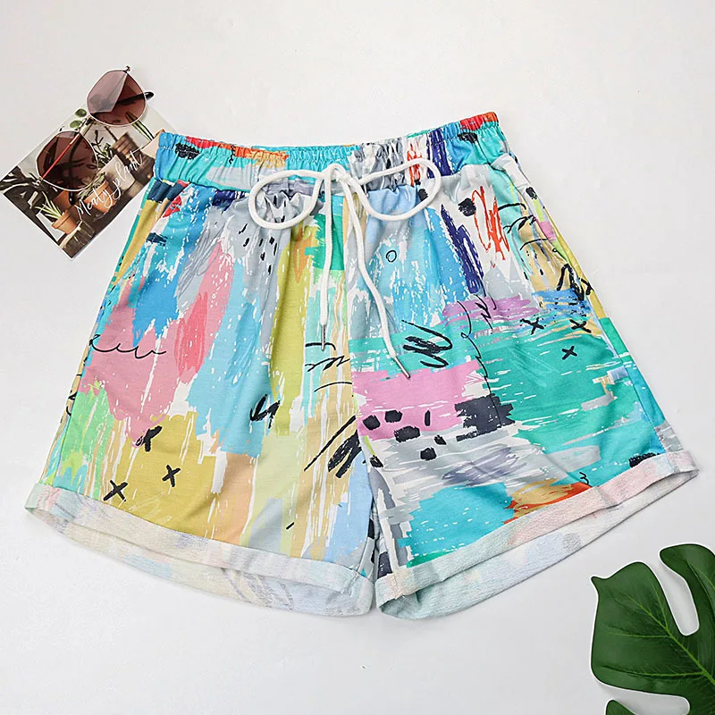 Casual Vacation Tie-dye Printed Shorts Women Temperament Elegant Mid-waist Straight Beach Pants Summer Clothes Women 2024