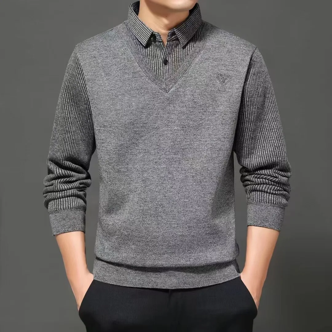 Plus Velvet Padded Men’s Fake Two-piece Sweater Sweater Shirt Collar Warm Men’s Bottoming Shirt Wearing  Clothing.