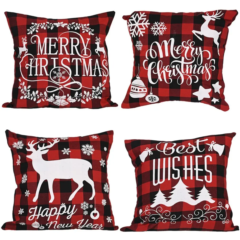 

2024 Christmas Red Grid Pillow Case Santa Claus Cute Snowmen Christmas Cushion Sofa Pillow Case Bedroom Decoration Cushion Case