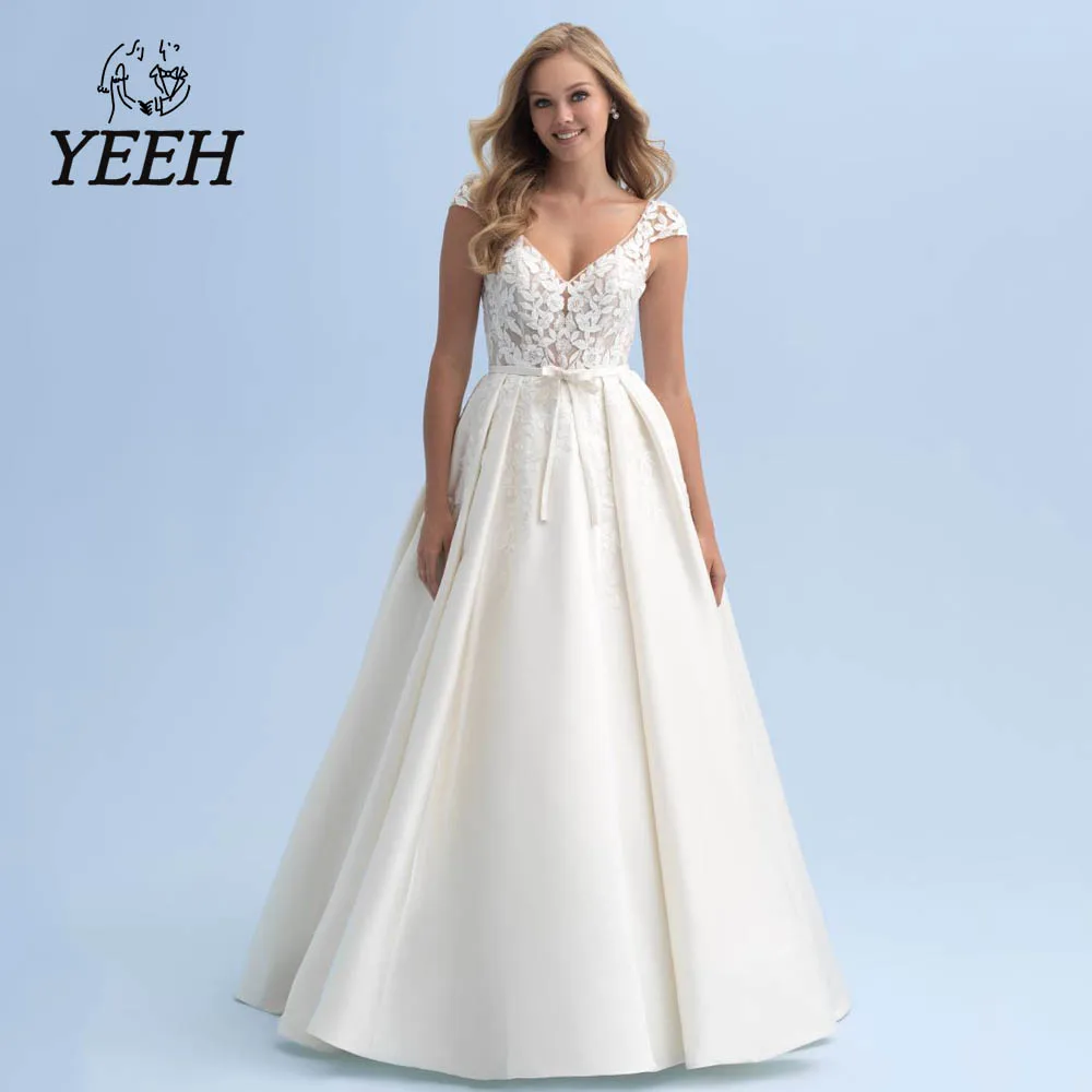 

Женское свадебное платье YEEH, белое кружевное платье с цветочным принтом, V-образным вырезом, а-силуэт, со шлейфом