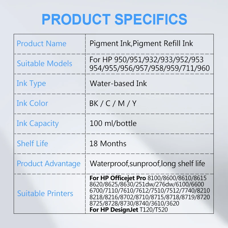 100ML Pigment Ink Refill for HP Multiple Models