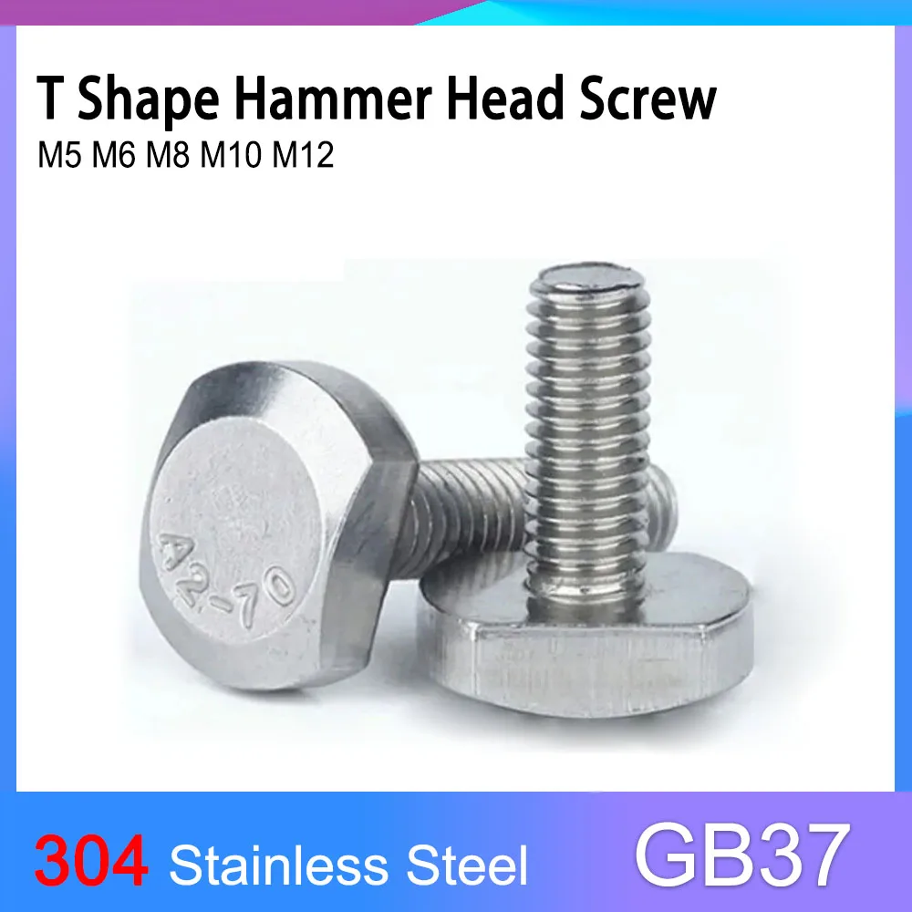 

GB37 A2-70 304 Stainless Steel T Shape Type Rectangle Hammer Head Bolt Screw for T-Slot Chute Rail Track M5 M6 M8 M10 M12