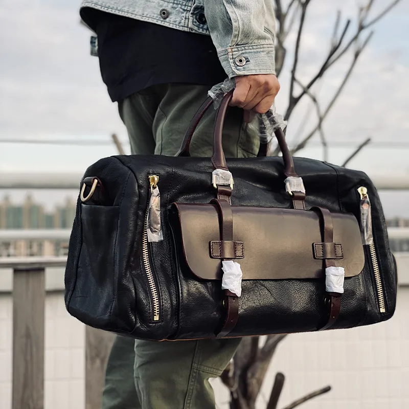 

High quality genuine leather large capacity men women luggage bag weekend outdoor travel designer luxury real cowhide duffle bag