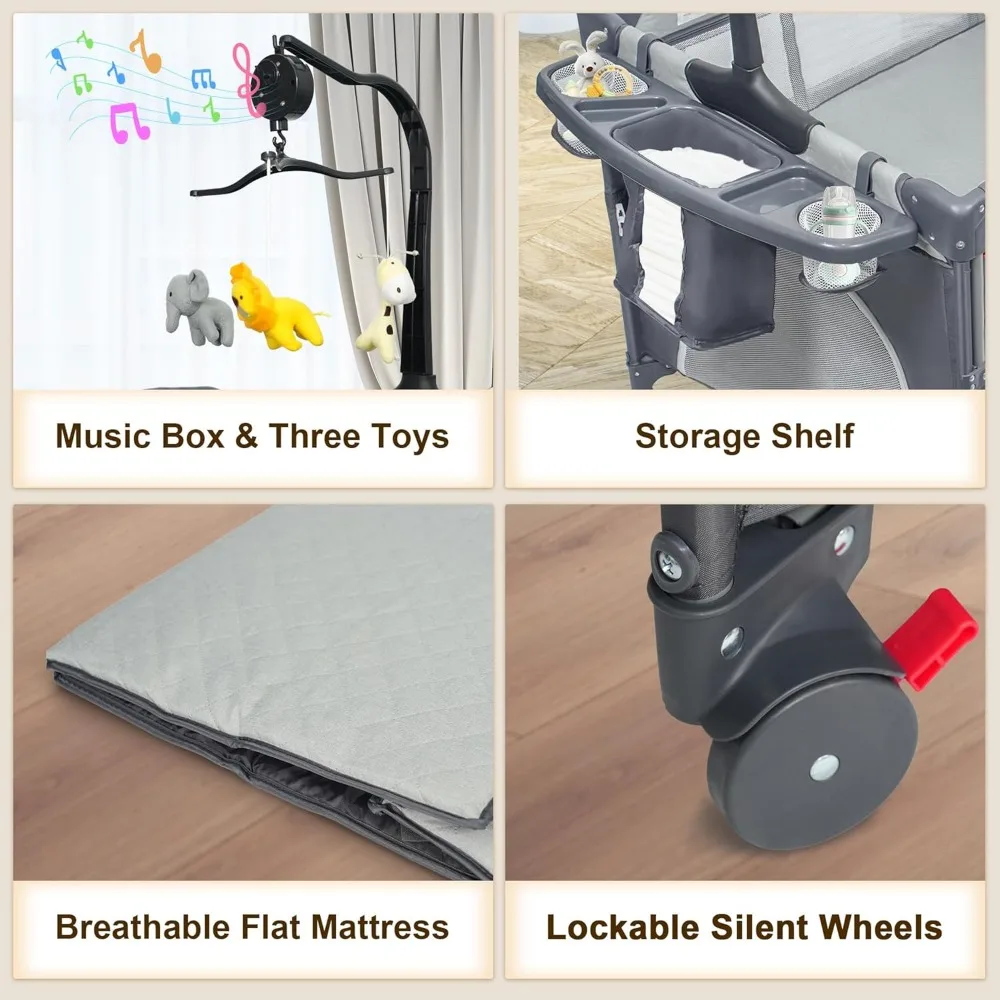 Baby Bassinet Bedside Crib, 6-in-1 Pack and Play with Bassinet, 4 Height Adjustable Bedside Crib, Newborn Portable Bassinet 5