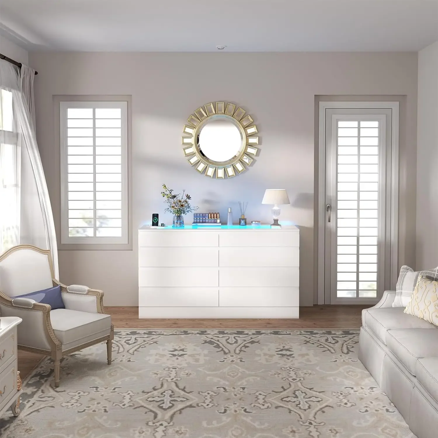 White Dresser for Bedroom Chest of Drawer with Glass Top Modern Double Wide Drawer Organizer Cabinet for Living Room (White) 6