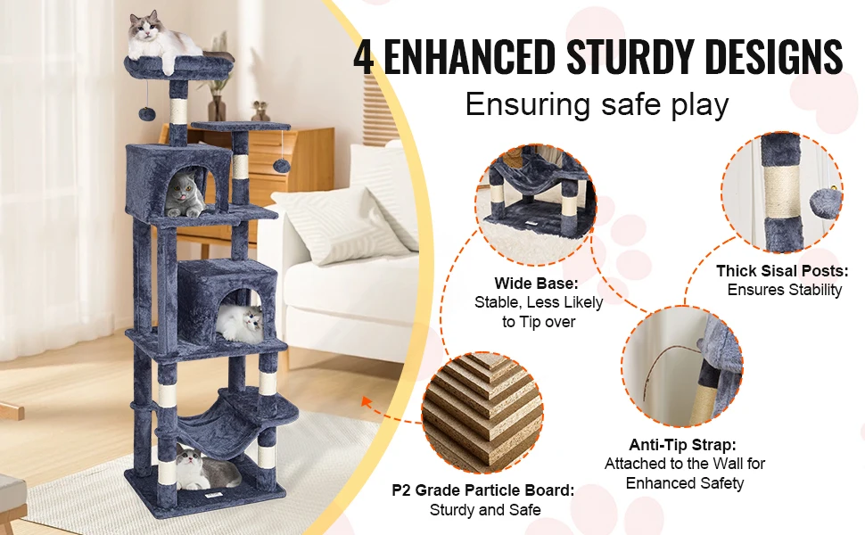 SucceBuy Cat Tree for Indoor Cats 63" Cat Tower with 2 Cat Condos Sisal Scratching Post Large Cat Furniture Activity Center