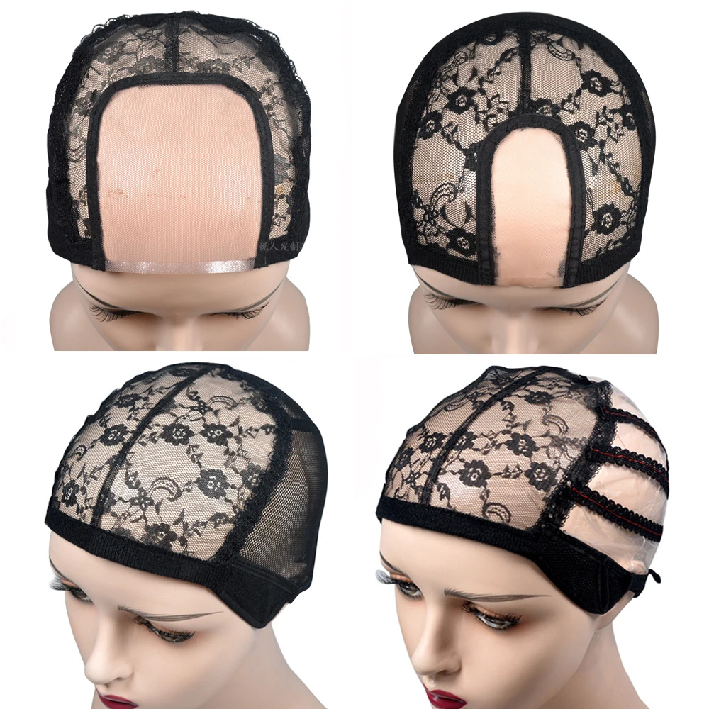 U Part Swiss Lace Wig Cap Black Hairnet Wig Caps For Making Wigs Weaving Cap With Adjustable Strap Making Tools
