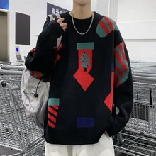 

Men's Sweater Harajuku Red Geometry Pattern O Neck Knitted Pullover Retro Loose Handsome Autumn Winter Male Streetwear 2022 New