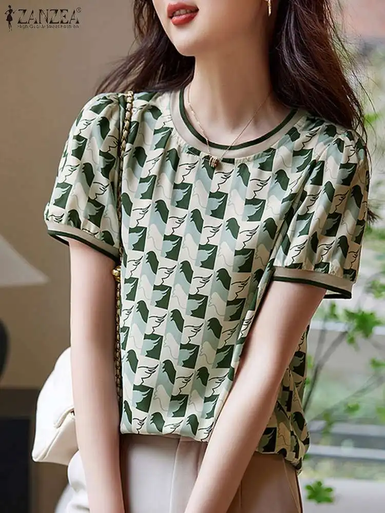 

Летняя винтажная блузка ZANZEA с коротким рукавом и цветочным принтом, женские модные праздничные топы, туника, Повседневная Свободная рубашка, женские блузы