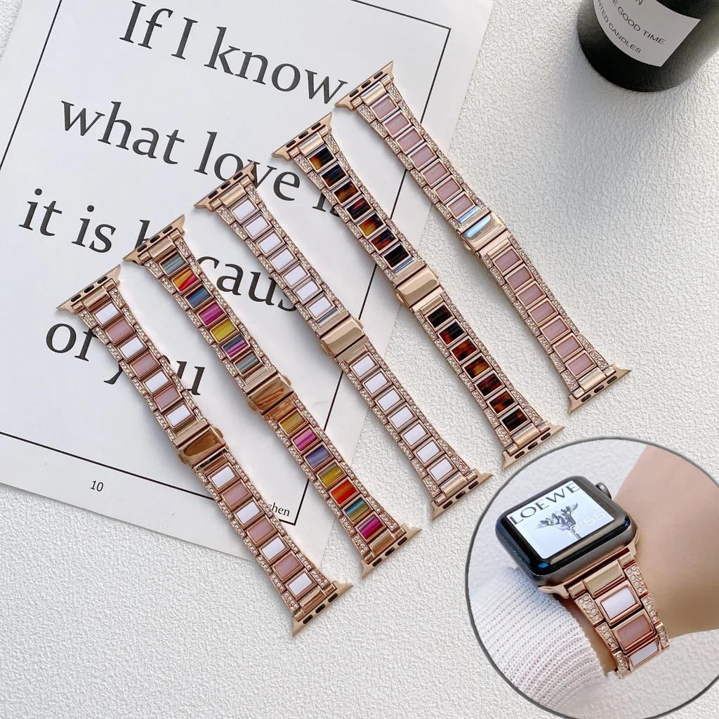 

Royal Luxury Metal Wristband for Apple Watch Strap IWatch Series 7 6 SE band, Watchband 41mm 45mm 40mm 44mm Diamond Resin Strap