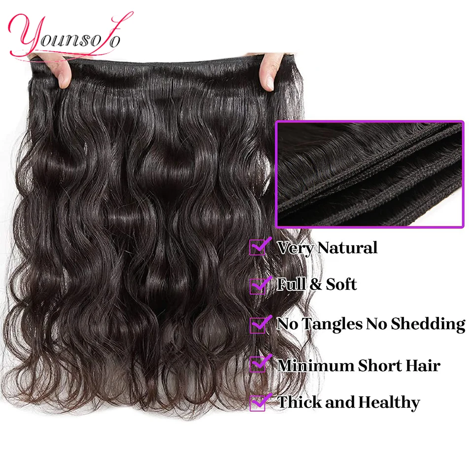 Body Wave Bundles Natural Black Brazilian Human Hair Weave Bundles Hair Extensions 200% Density 4PCS Body Younsolo
