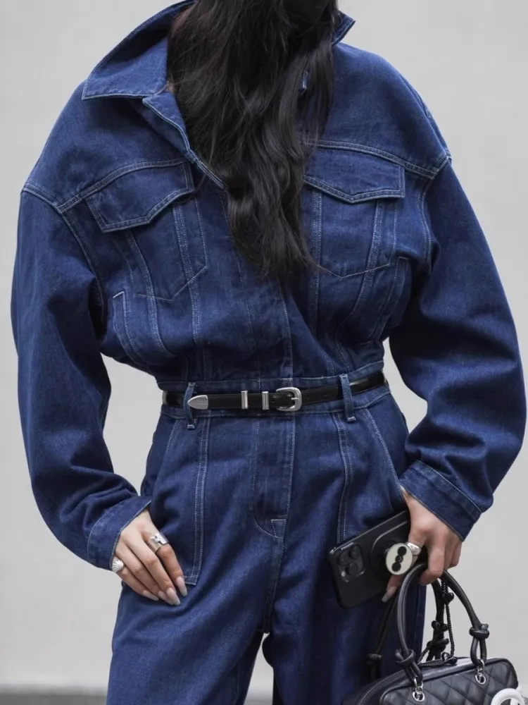 Blue Design Denim Jumpsuit Women'S Spring And Autumn Collar Fashionable Workwear Large Pocket Loose Pants 1