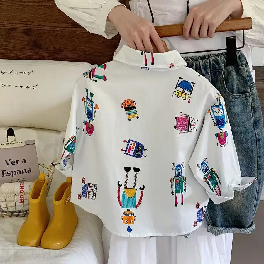 Boys' Cartoon Shirt Spring and Autumn New Children's Leisure Robot Full Print Cardigan Boys' Baby Handsome Fashion Top Trendy