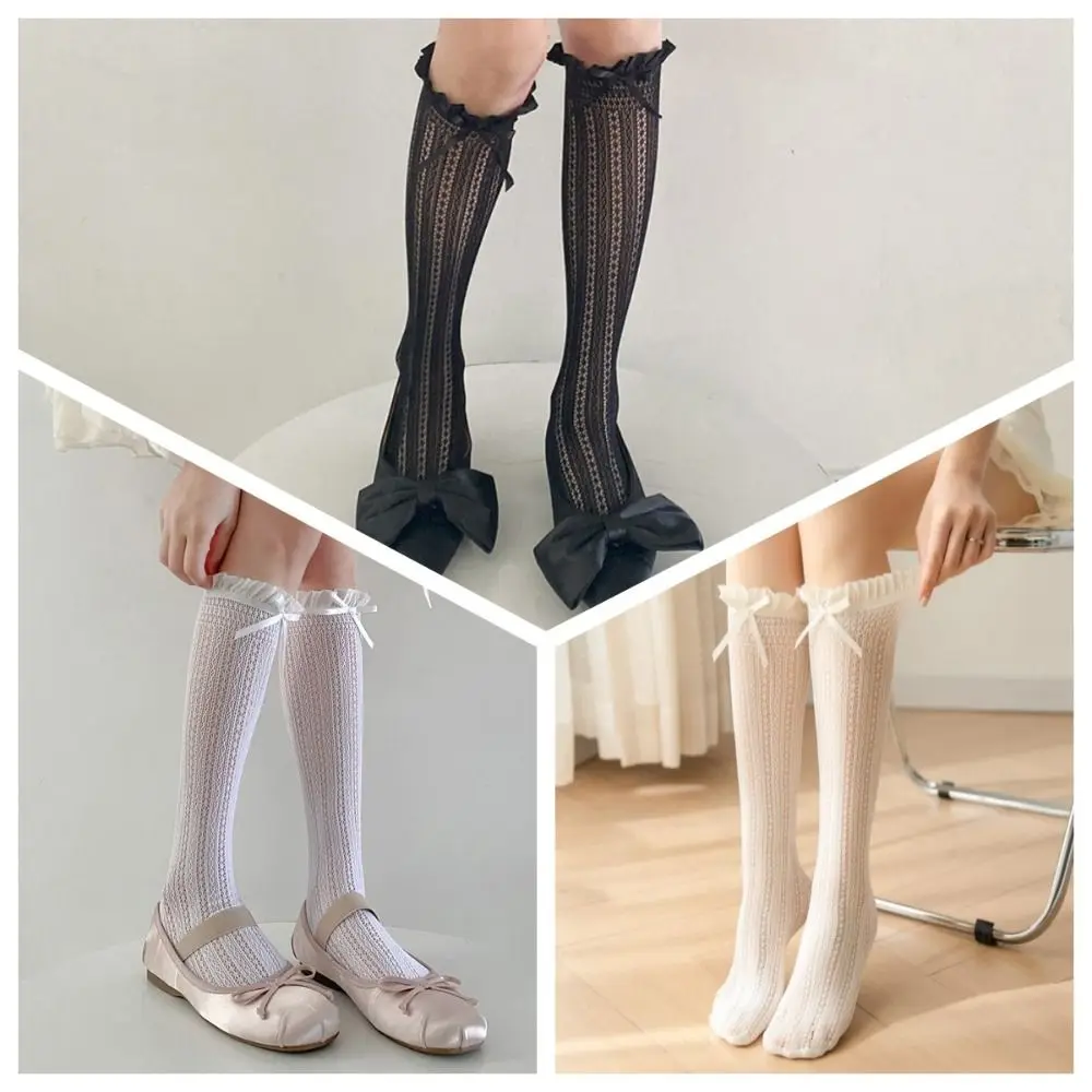 Y2K Ultra-thin Ruffle Socks Lolita Black Lace Socks Mesh Ivory Knee High Socks Balletcore Dress Bow Women Socks