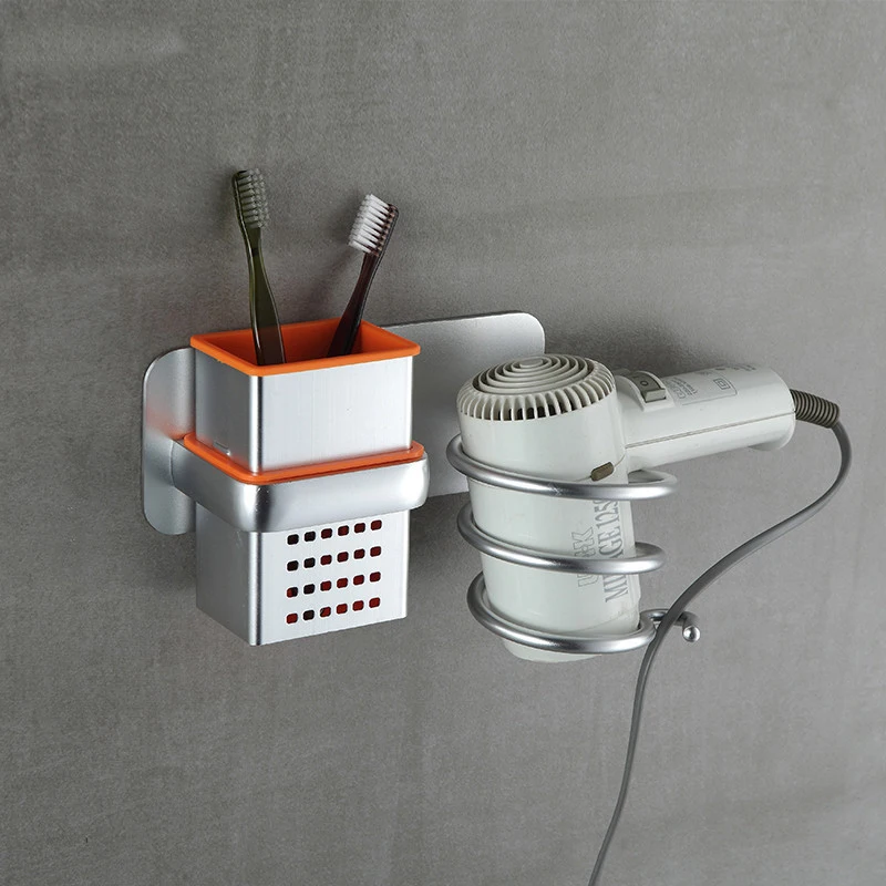 

Aluminum Hair Dryer Holder Self-adhesive Bathroom Shelf with Basket Wall Storage Rack Blower Organizer Mounted Hairdryer dish