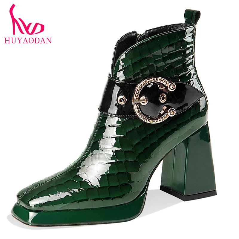 

HUYAODAN Women Boots 2023 New Fashion Autumn Winter Warm Ankle Boots Chunky High Heels Platform Green Wine Red Dress Party Shoes