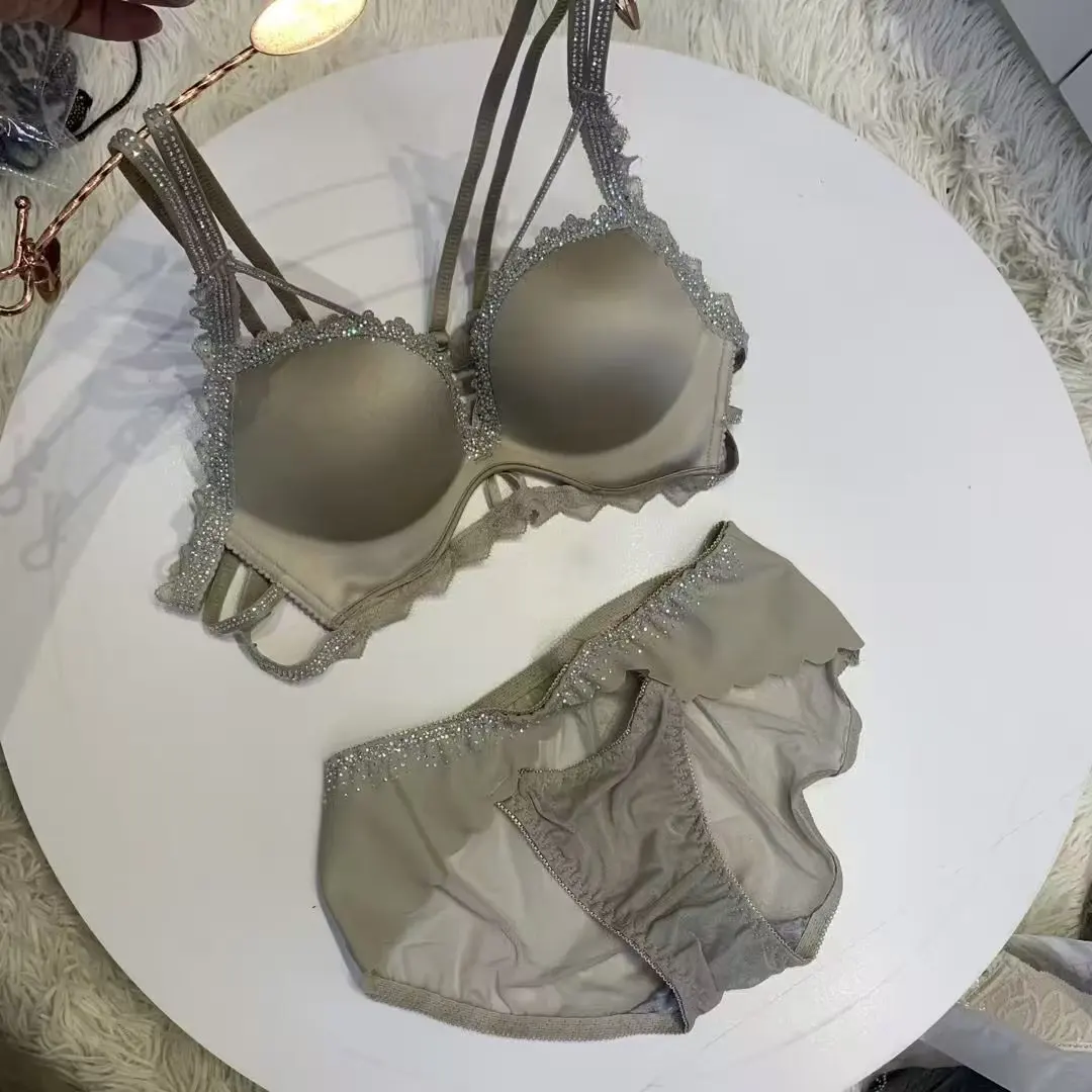 (Bralette For Small Breasts) New Rhinestone Leopard Print Thickened Lingerie Small Breasts Gathering Hollow Out Women's Bra Set