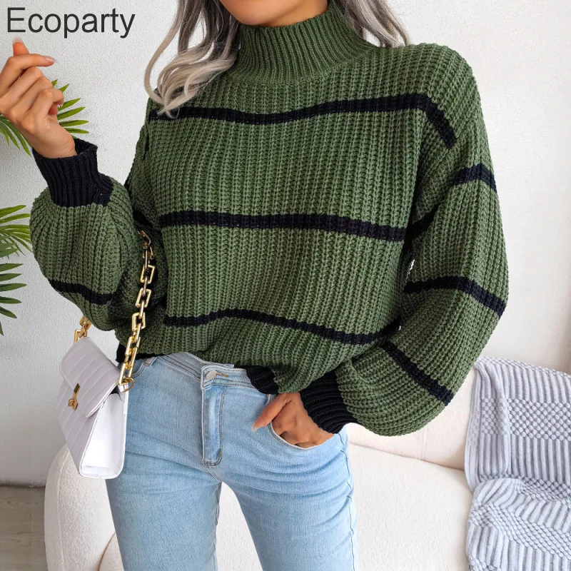 

2023 Womens Semi Turtleneck Sweater Autumn Winter Fashion Casual Stripe Lantern Sleeve Pullovers Casual Knitted Sweater Women