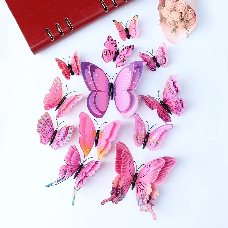 New Style 12Pcs Double Layer 3D Butterfly Wall Stickers Home Room Decor Butterflies For Wedding Decoration Magnet Fridge Decals