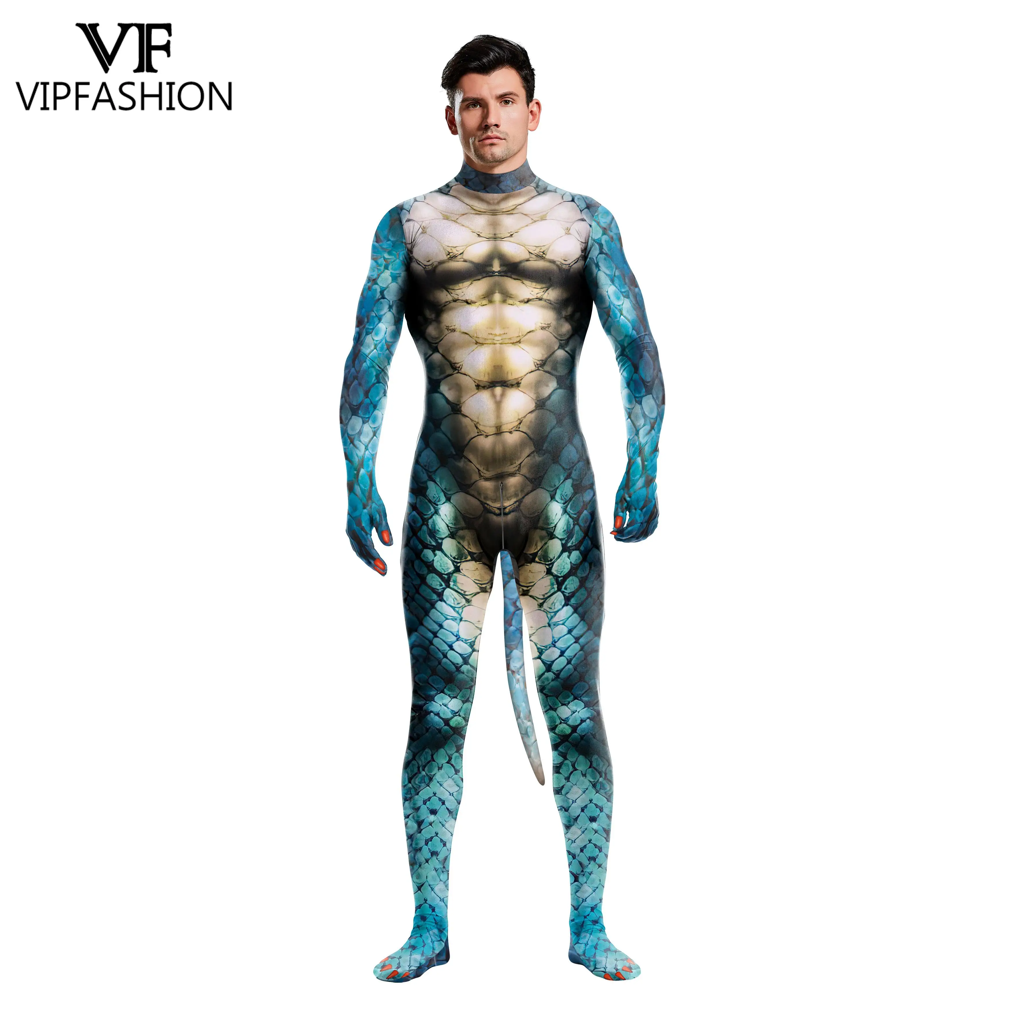 VIP FASHION Men Snake Cosplay Costume with Dog Tail Animal Printed Zentai Bodysuits Male Sexy Jumpsuit Halloween Party Outfit