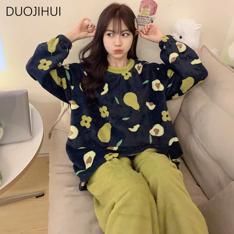 

DUOJIHUI Осенняя Базовая женская пижама из двух частей, Классический пуловер с круглым вырезом, шикарные брюки, повседневная домашняя пижама для женщин