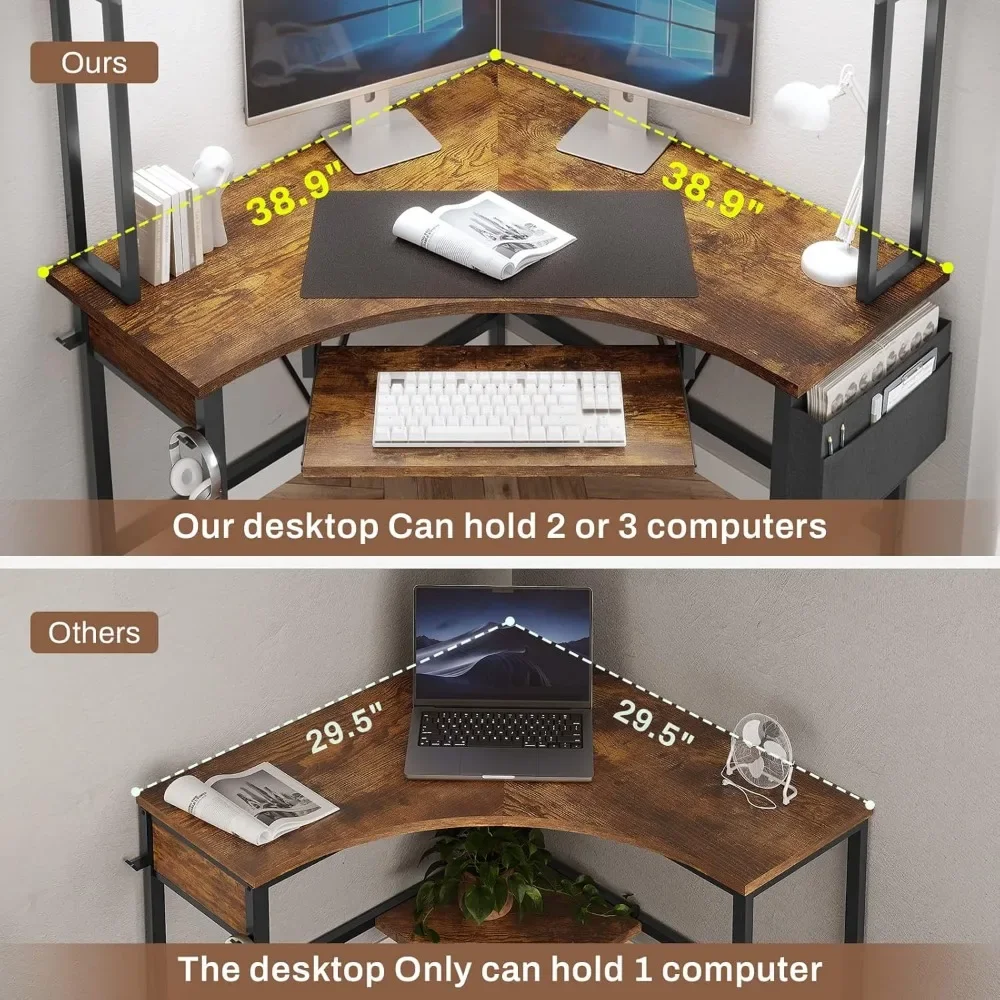 Small Computer Desk with Hutch & LED Lights, Triangle Corner Computer Desk with Keyboard Tray, Storage Bag 4