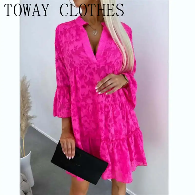 

Summer Autumn Solid Three Quarter Sleeve Women Frill Hem Ruffles Shirt Dress
