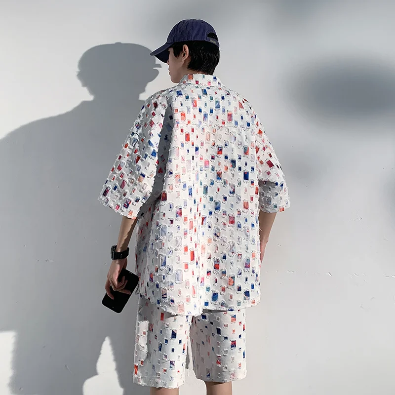 Summer Plaid Sets Men Fashion Short Sleeved Shirt/Shorts Two-piece Mens Streetwear Loose Hollow Out Set Mens Short Sets M-5XL 2