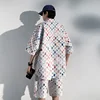 Summer Plaid Sets Men Fashion Short Sleeved Shirt/Shorts Two-piece Mens Streetwear Loose Hollow Out Set Mens Short Sets M-5XL 2