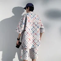Summer Plaid Sets Men Fashion Short Sleeved Shirt/Shorts Two-piece Mens Streetwear Loose Hollow Out Set Mens Short Sets M-5XL 2