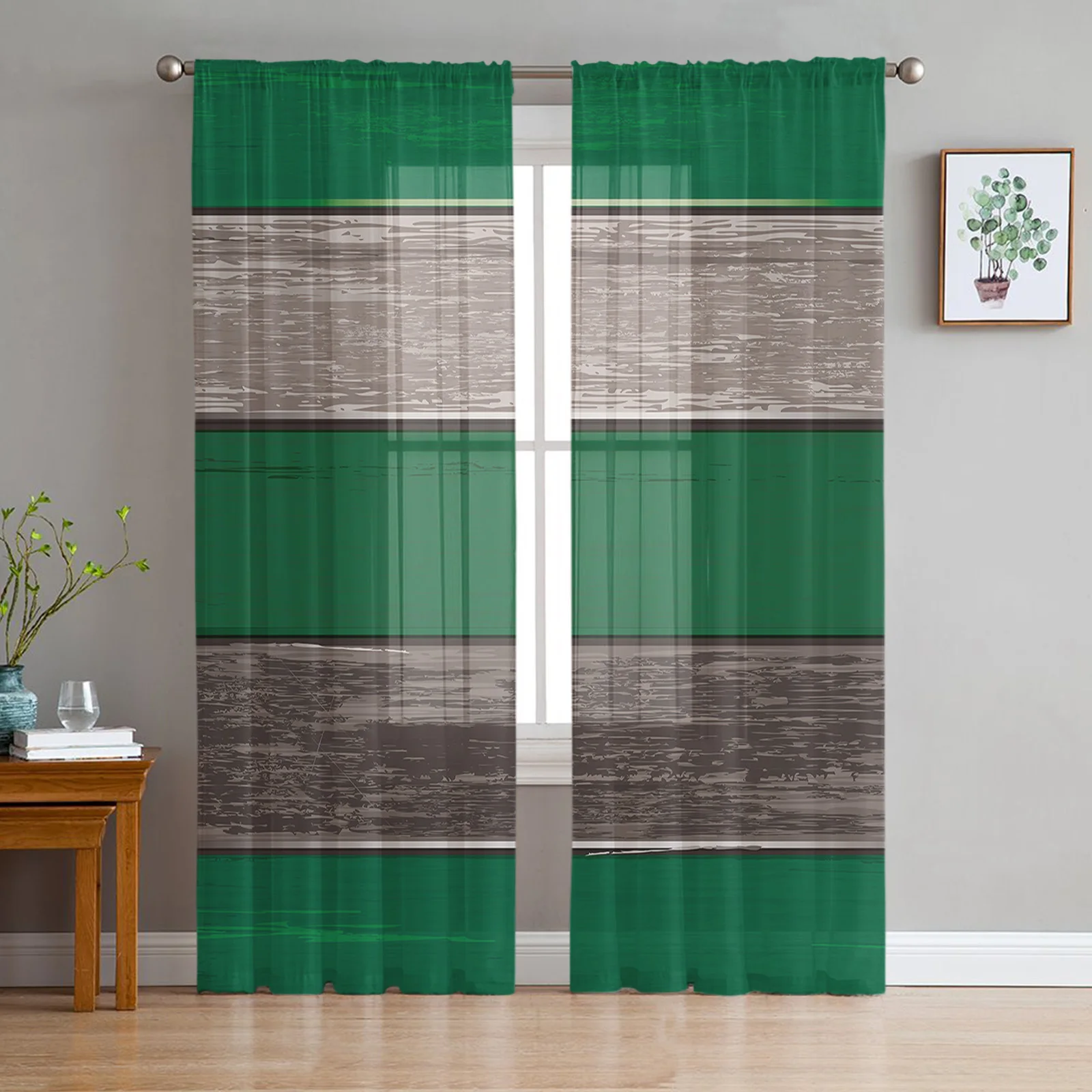 

Vintage Farm Wood Grain Forest Green Tulle Curtains Living Room Kitchen Decoration Chiffon Window Treatments Voile Sheer Curtain