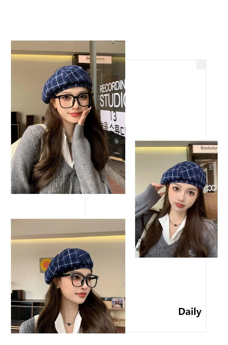 Plaid Beret Hat For Women British Retro Style Woolen Painter Cap_voghion.com