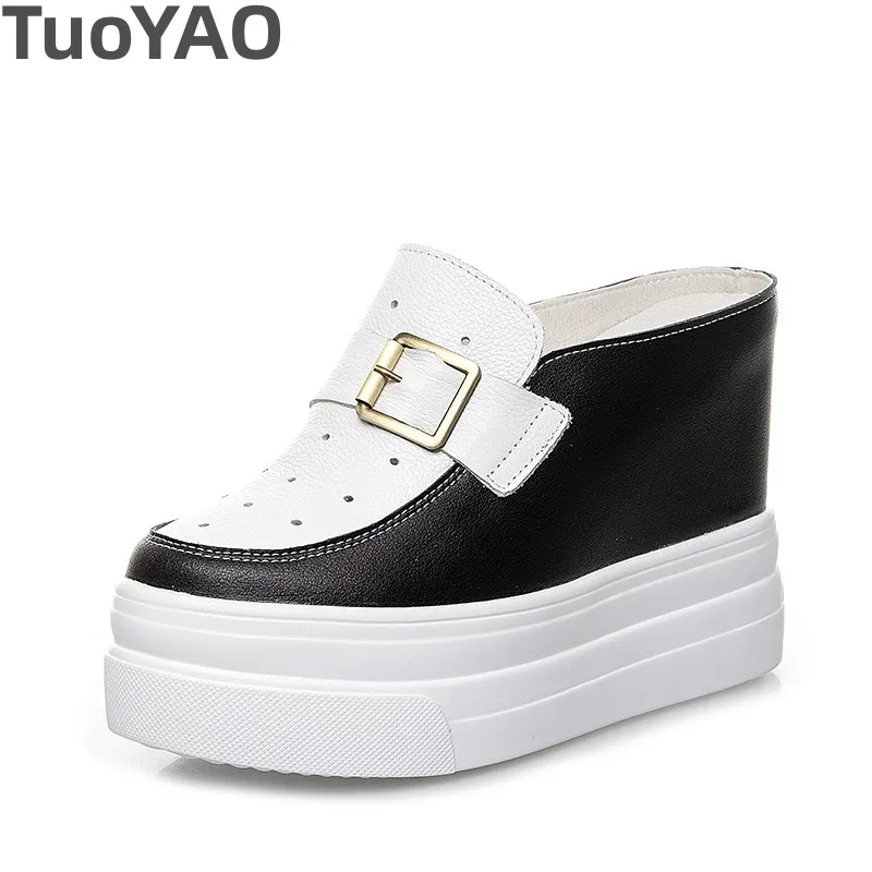 

11cm Genuine Leather Platform Wedge Sneakers Summer Spring Wedge High Heels Chunky Shoe Breathable Leisure Hollow Women Slippers