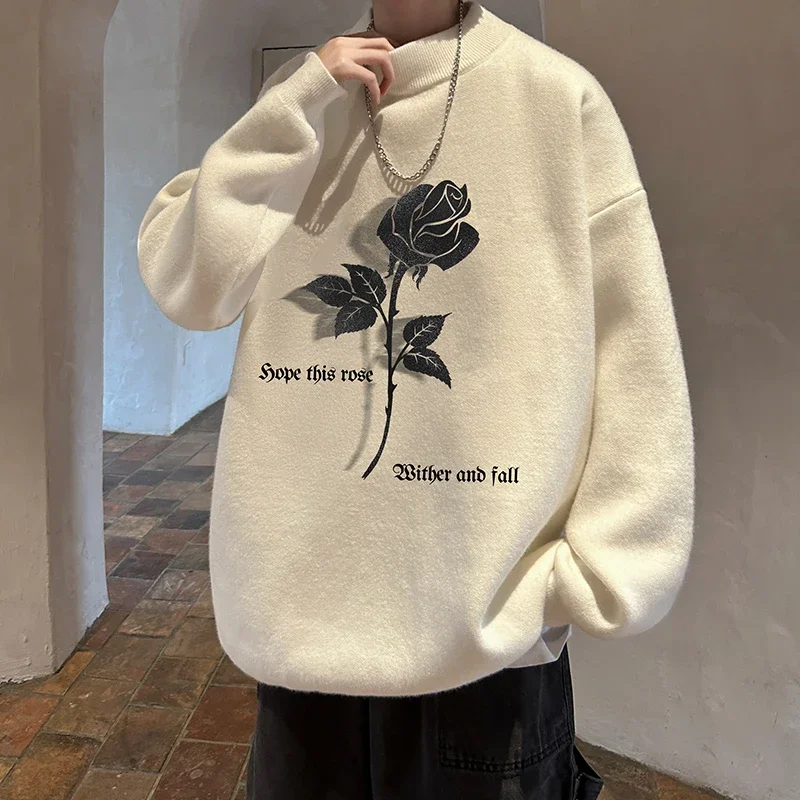 

Men's Oversized Sweaters White Autumn 5XL Knitted Sweater Funny Rose Print Casual Wear for Man Knit Pulloves Men Clothes