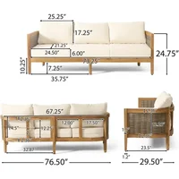 Outdoor Acacia Wood Wicker 3 Seater Sofa, Patio Furniture Conversation Set for Backyard 2