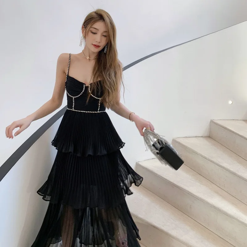

Sexy Beading Diamond Dress Women Sleeveless Spaghetti Strap Ruffle Ruffle Chiffon Cake Dress Party Evening Female Vestidos Robe