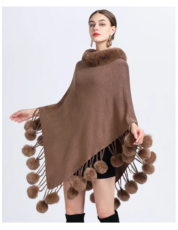 Description Picture 5 of item5 Colors Women Loose Poncho Bottom Pompon Cape Winter Warm Faux Rabbit Fur Neck Cloak Out Street Pullover Shawl Streetwear