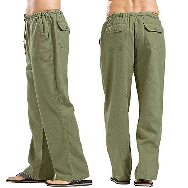 Pantalones de lino de Color liso para hombre, pantalón informal de varios bolsillos, holgado, recto, de talla grande, con cordón, transpirable, ancho 5