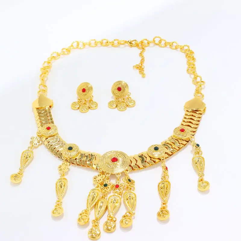 Gold Plated Flower Design Partywares Traditional Ethnic Designed Women's Necklace Set With Pair Of Earrings Jewelry set