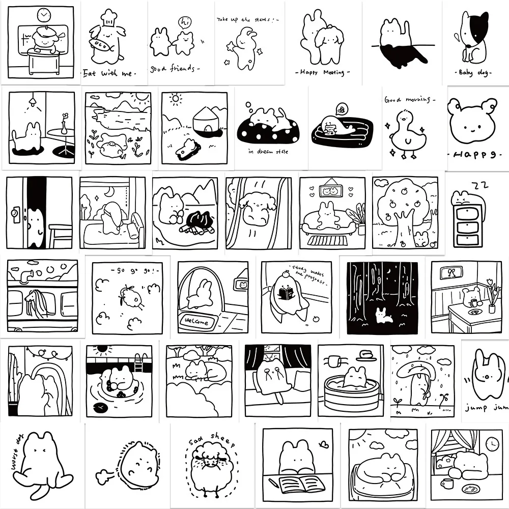 흑백 간단한 스트로크 귀여운 고양이 그래피티 스티커, DIY 수하물 노트북 휴대폰 스티커, 40 개