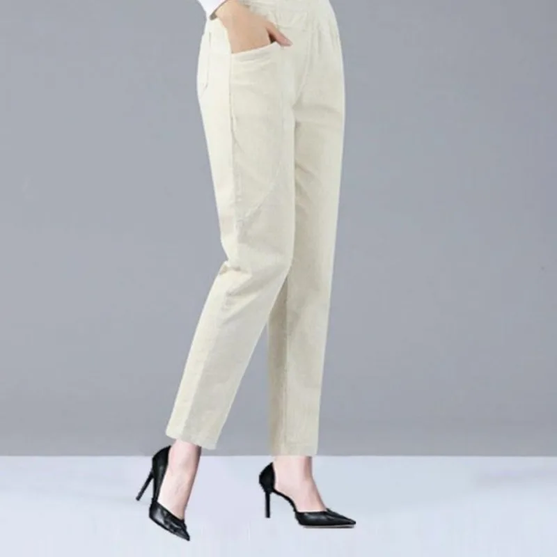 Spring Autumn Women's Solid High Waisted Pockets Screw Thread Distressed Casual Straight Leg Pants Trousers Fashion Loose Pants