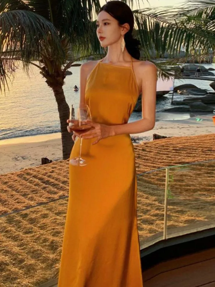 

Women Orange Backless Halter Bandage Dresses French Elegant Romantic Temperament Slim Sleeveless Evening Party Long Dress
