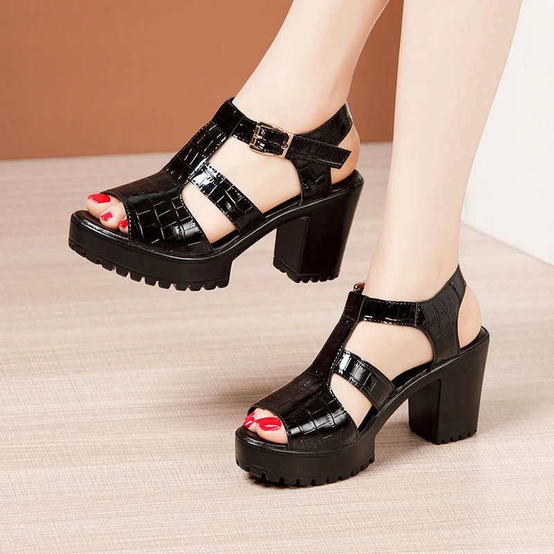 Sandalias de plataforma de charol mujer, zapatos elegantes de tacón alto de bloque, 32 43 pequeña, para la oficina, 2023|Sandalias de mujer| - AliExpress