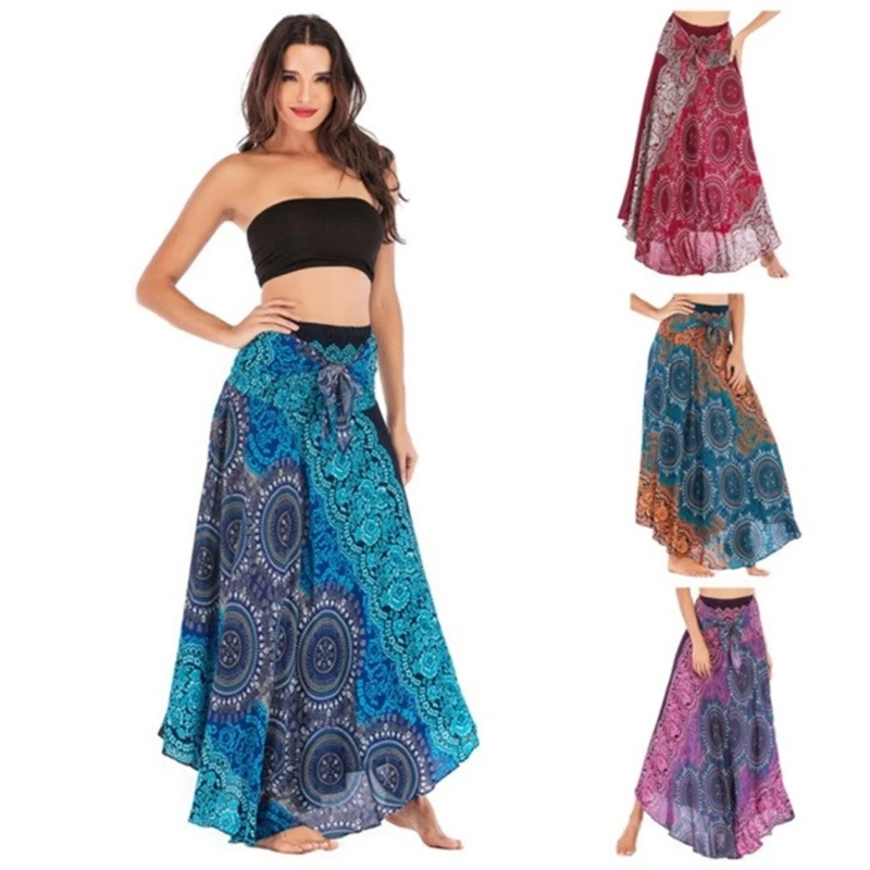 

B36D Print Maxi Skirt Boho Elastic High Waist Long Skirts for Women Belly Dance Skirt Holiday Beach Dresses Flowy Swing Skirt