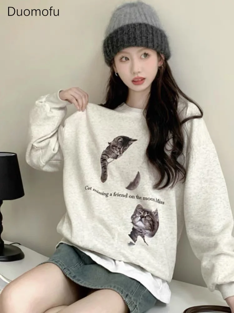 Duomofu New Harajuku Cute White Sweatshirt Women Japanese Style Cat Long Sleeve Pullover Y2k Kpop Streetwear Oversize Loose Tops