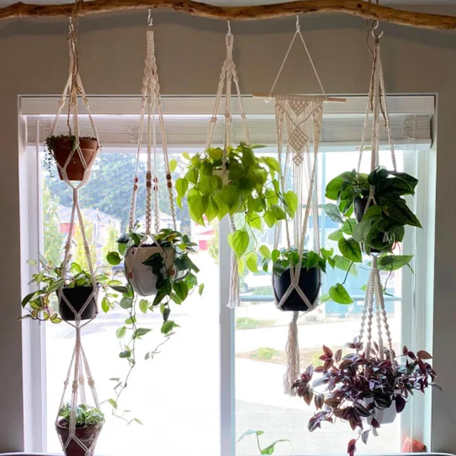 Növényi Fogasok Beltéri Függő Ültető Tartó Kosár Fa Gyöngyökkel Dekoratív Virágcserép -Tartó Bojt Boho Otthoni Dekorációhoz - Image 2