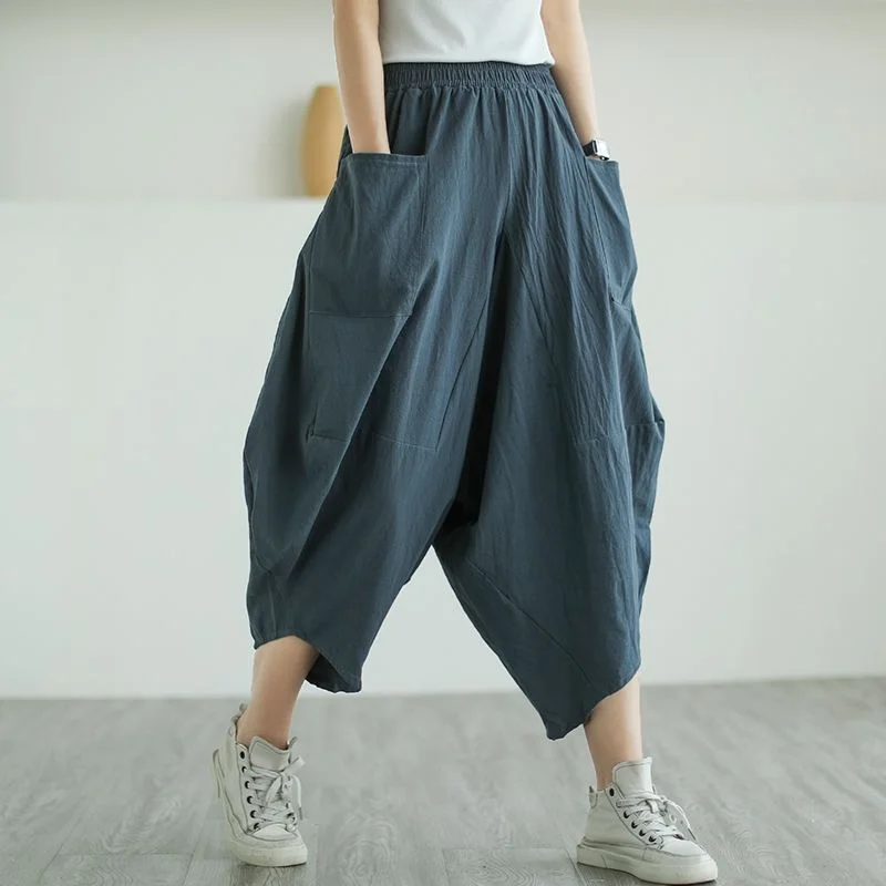 Women's Summer New High Waist Elastic Wide Leg Pants Fashion Design Solid Pocket Lantern Pants Plus Size Loose Versatile Capris